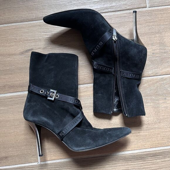 BURBERRY Stiletto Black Suede Leather Boots Women's SIZE 37 1/2 Side Zip Casual - Picture 1 of 16